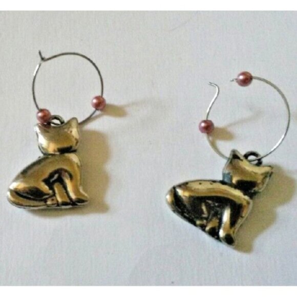 Cute silver tone loop dangle cat kittens earrings - Picture 2 of 4